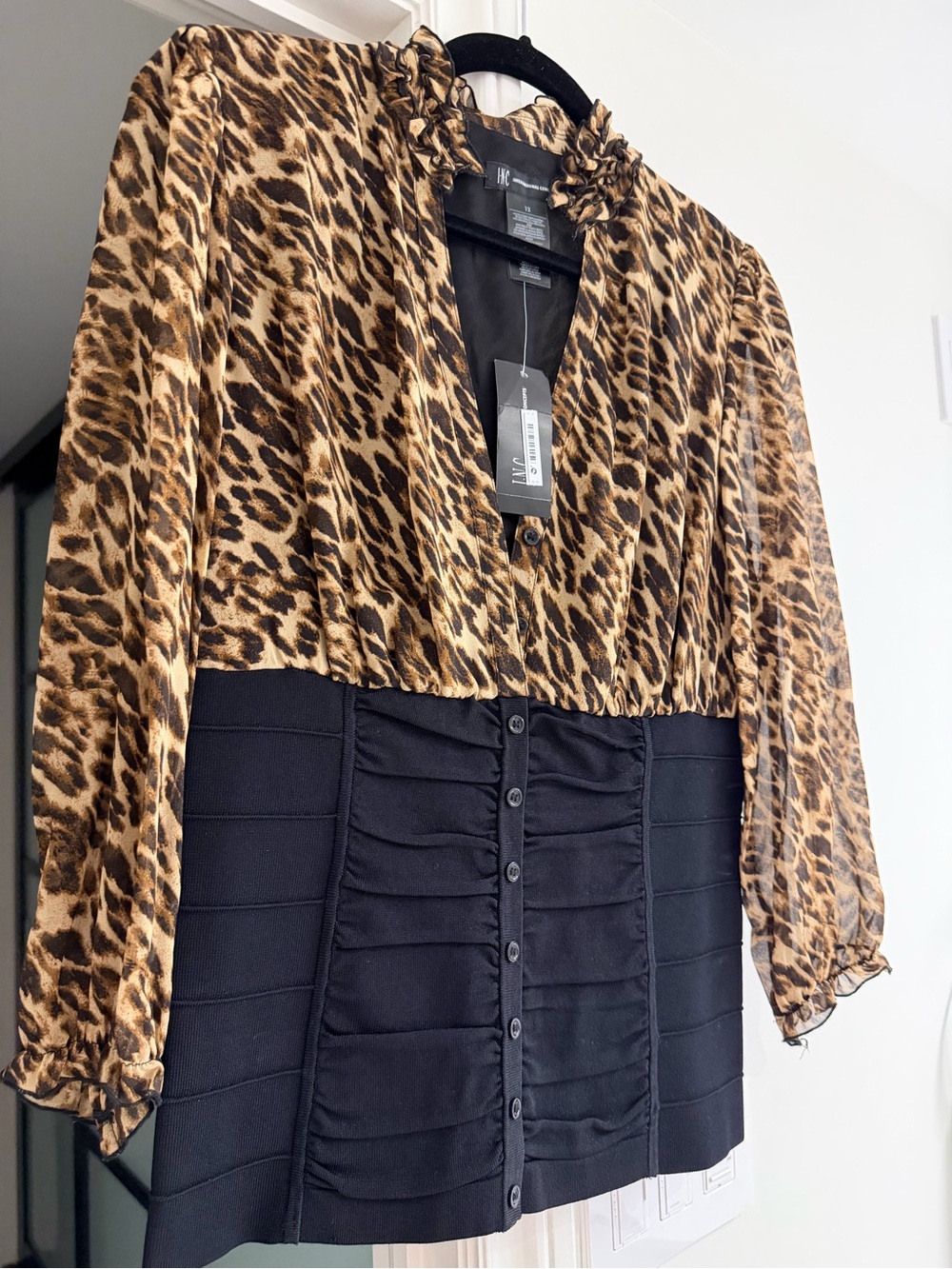 INC International Concepts Leopard Print and Black Mixed-Media Blouse